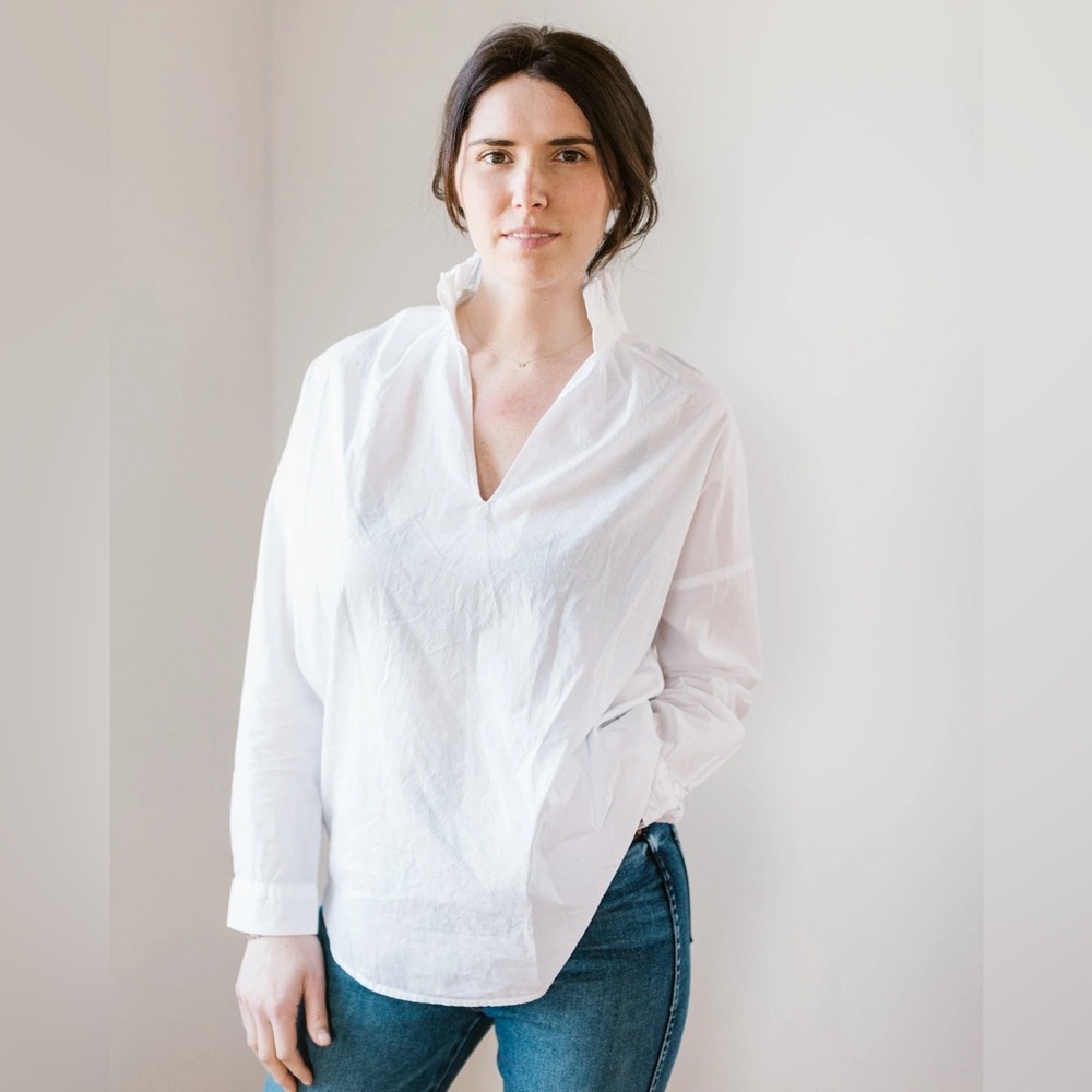 A SHIRT THING Penelope Long Sleeve Ruffle Stand Collar Cabo in White Size XS